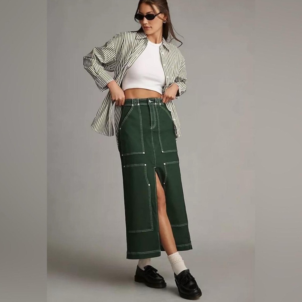 Anthropologie Green Denim Maxi Skirt